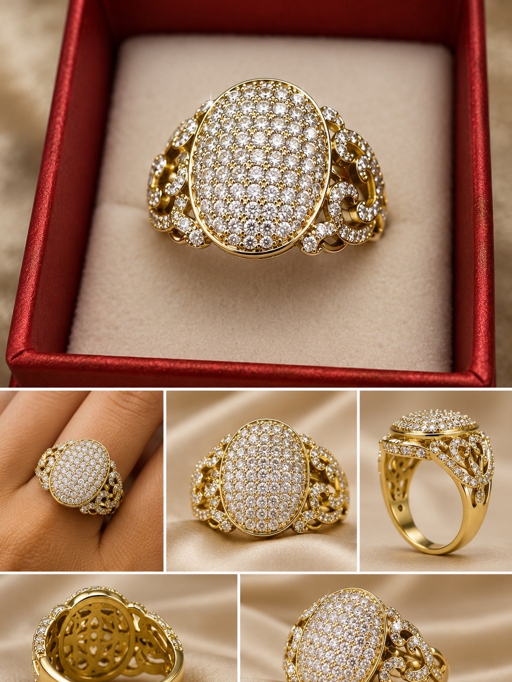 Gold Pavé Oval Statement Ring with Clear Crystals - Women Jewelry
